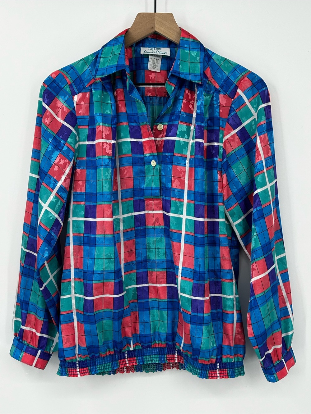 Vintage 80s Da-Rue Plaid Blouse Sz 6 Pink Blue Retro Art Dopamine Dressing